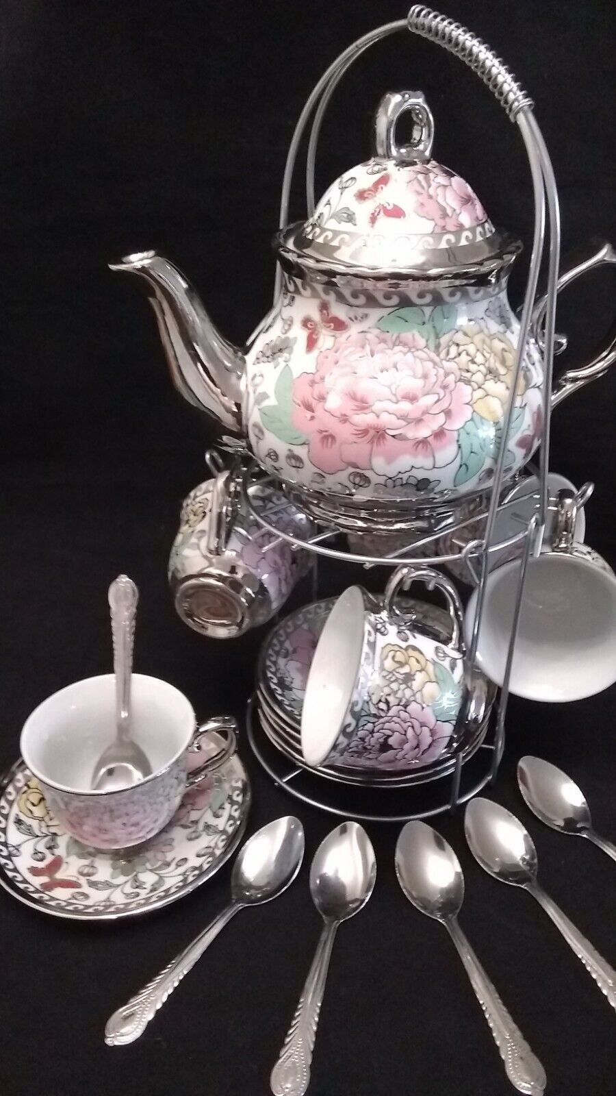 20 Piece Tea Set Tea Pot 6 Cups w Saucers w/ Rack Silver Multi Style 3 oz Cups 