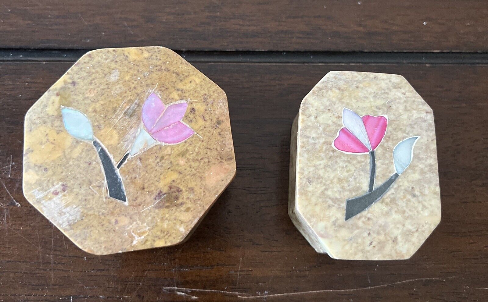 Vintage Late 80’s Soap Stone Inlay Floral Trinket Box Made In India Set Of 2