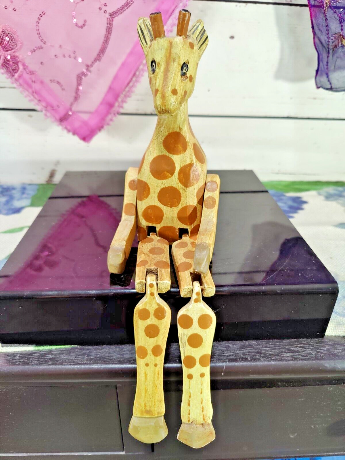 Hand Carved Hand Painted Wooden Giraffe Shelf Sitter Moveable Legs and Arms 6.5\