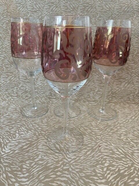 Set Four (4) Wine Goblet Water Pink and Gold Bulbous Etched set of 4