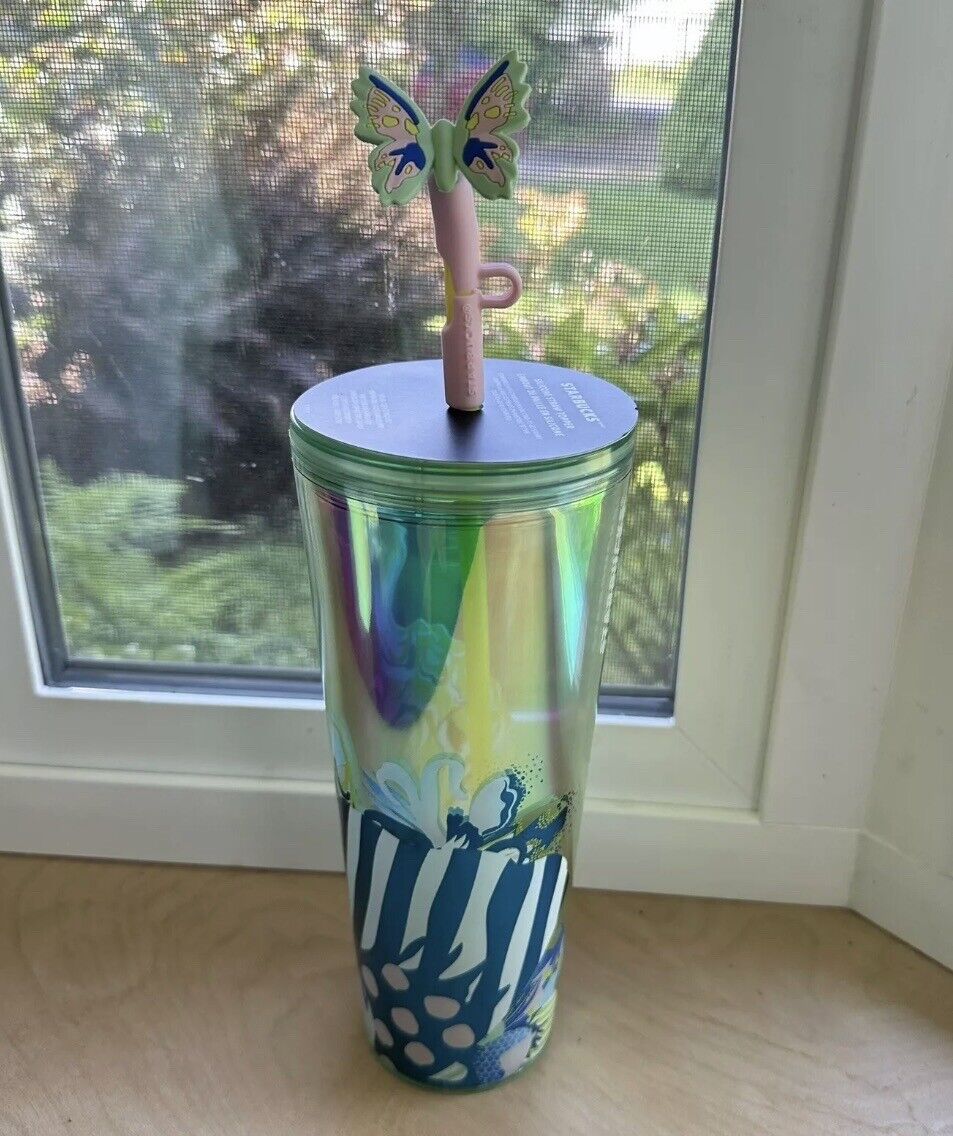 NWT Starbucks Summer Iridescent Canna Lily Butterfly Floral Straw Topper Tumbler