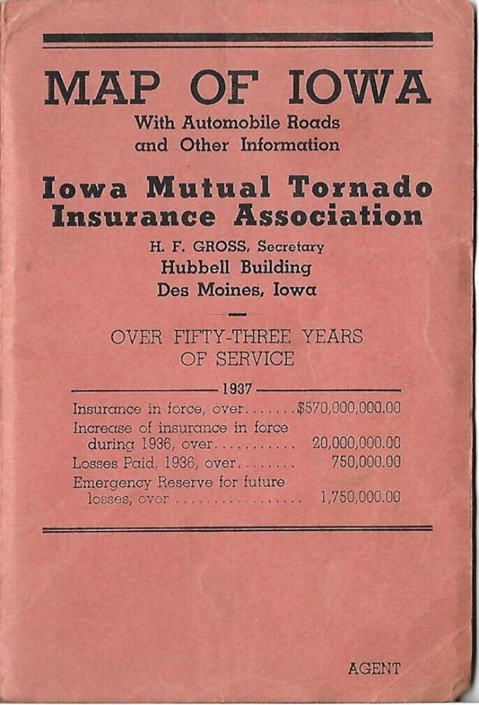 Vintage 1937 Road Map IOWA Windstorm Damage Mutual Tornado Insurance Association