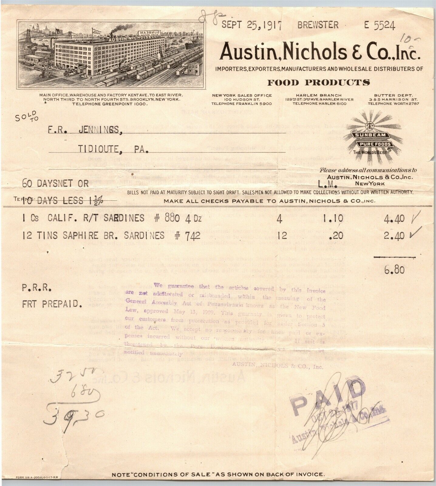 Austin, Nichols & Co 1917 Letterhead New York - Food Products Sunbeam Pure Foods