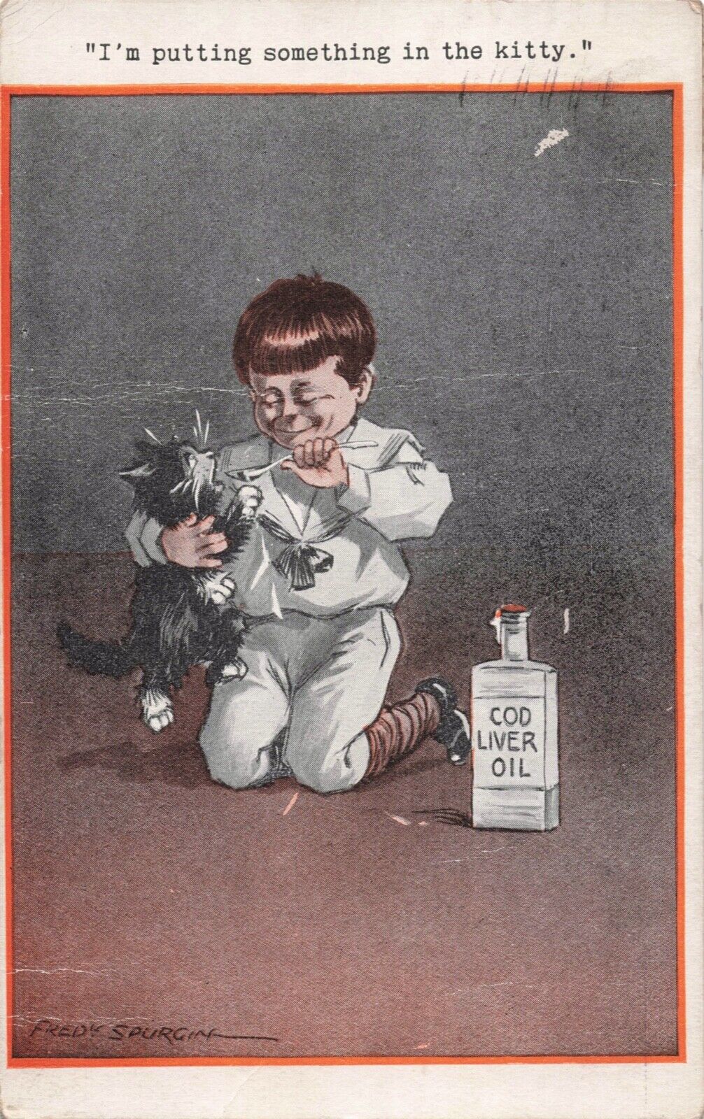 Artist Signed Fred Spurgin Boy Gives Cat Cod Liver Oil Vintage Postcard 1923