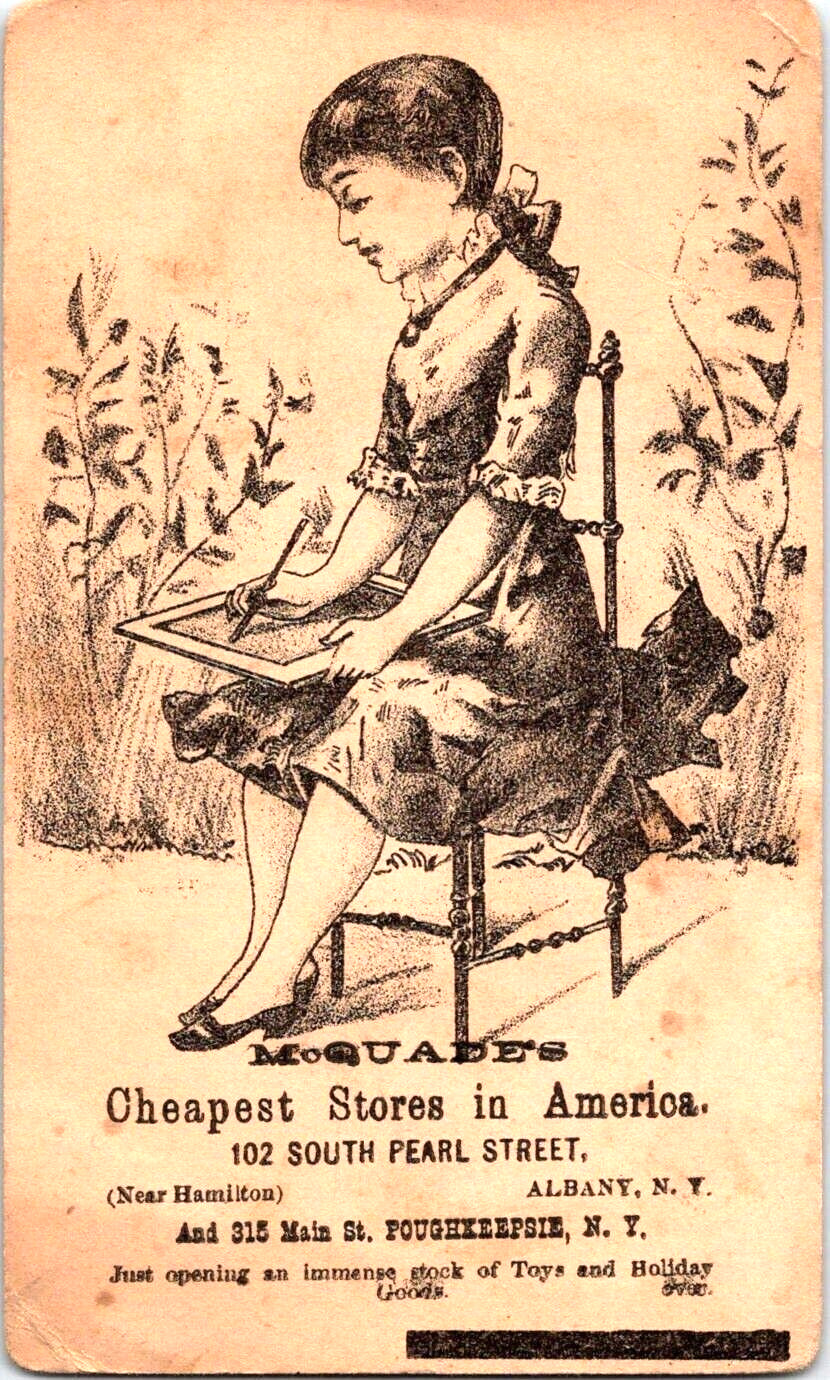 McQuades Cheapest Shoes in America ALBANY & POUGHKEEPSIE NY Victorian Trade Card