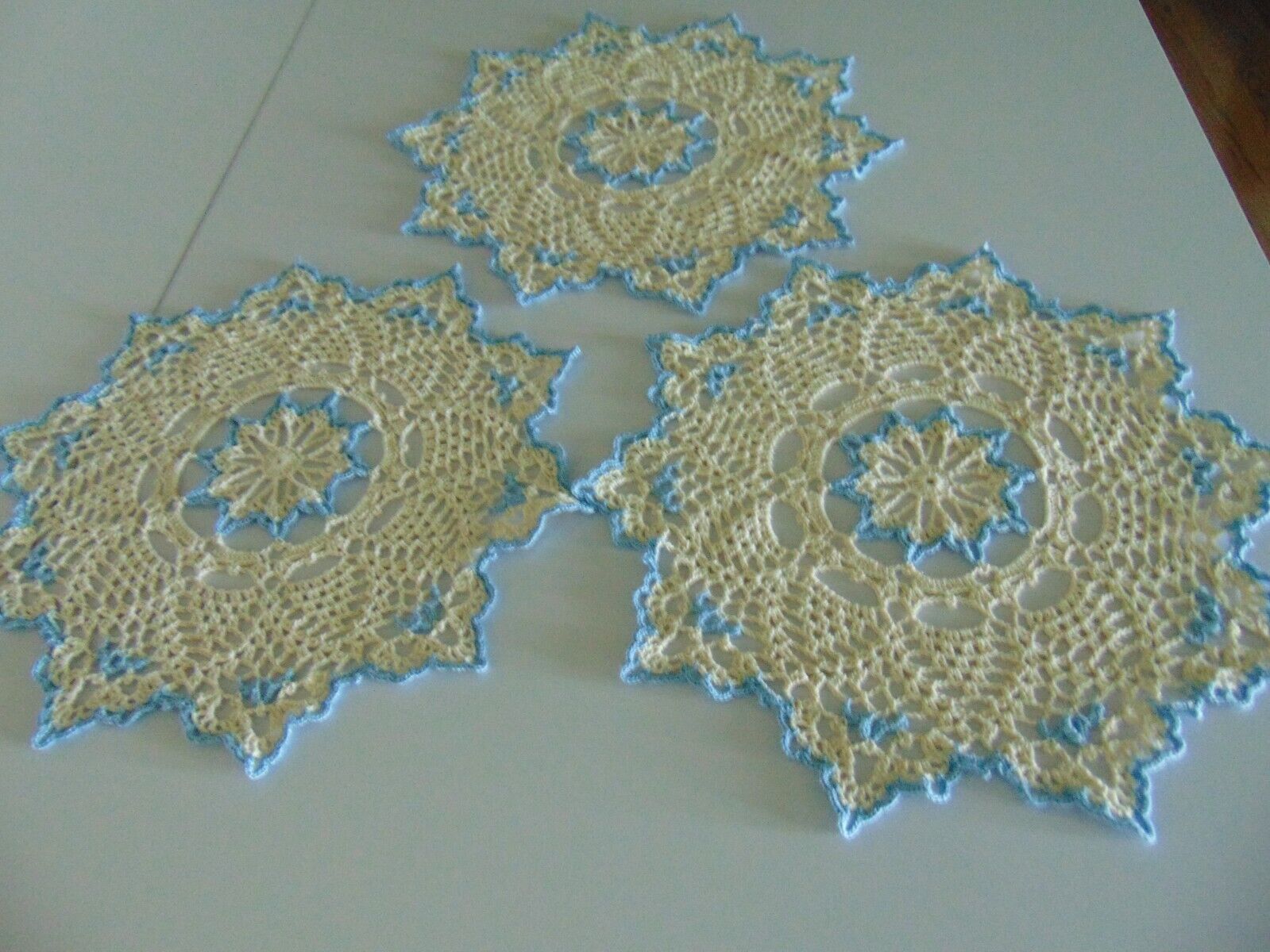 Lot of 3 BRAND NEW Handmade Pineapple Crochet Doilies-blue and natural colors