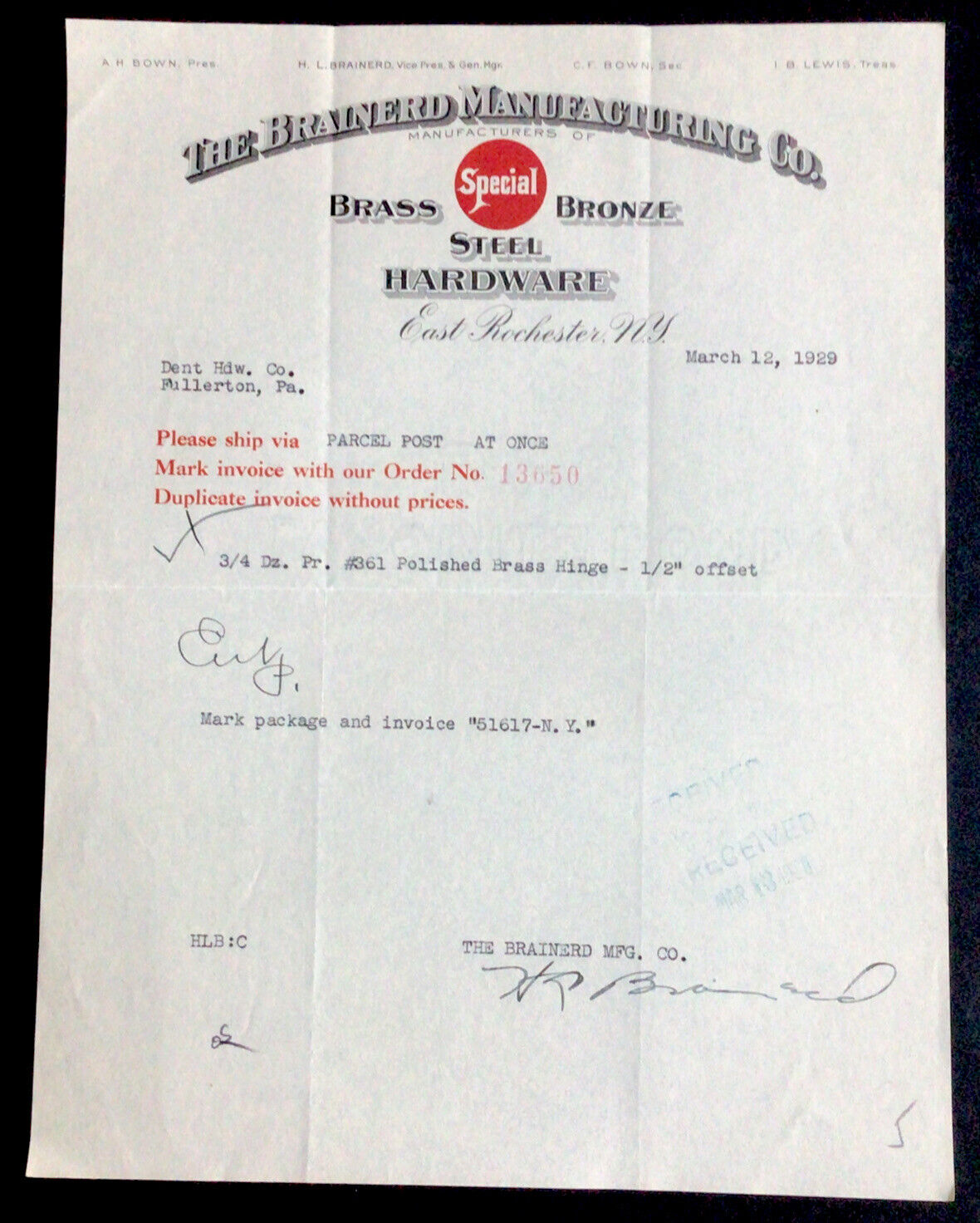 1929 East Rochester NY Letterhead The Brainerd Manufacturing Co hardware #b11
