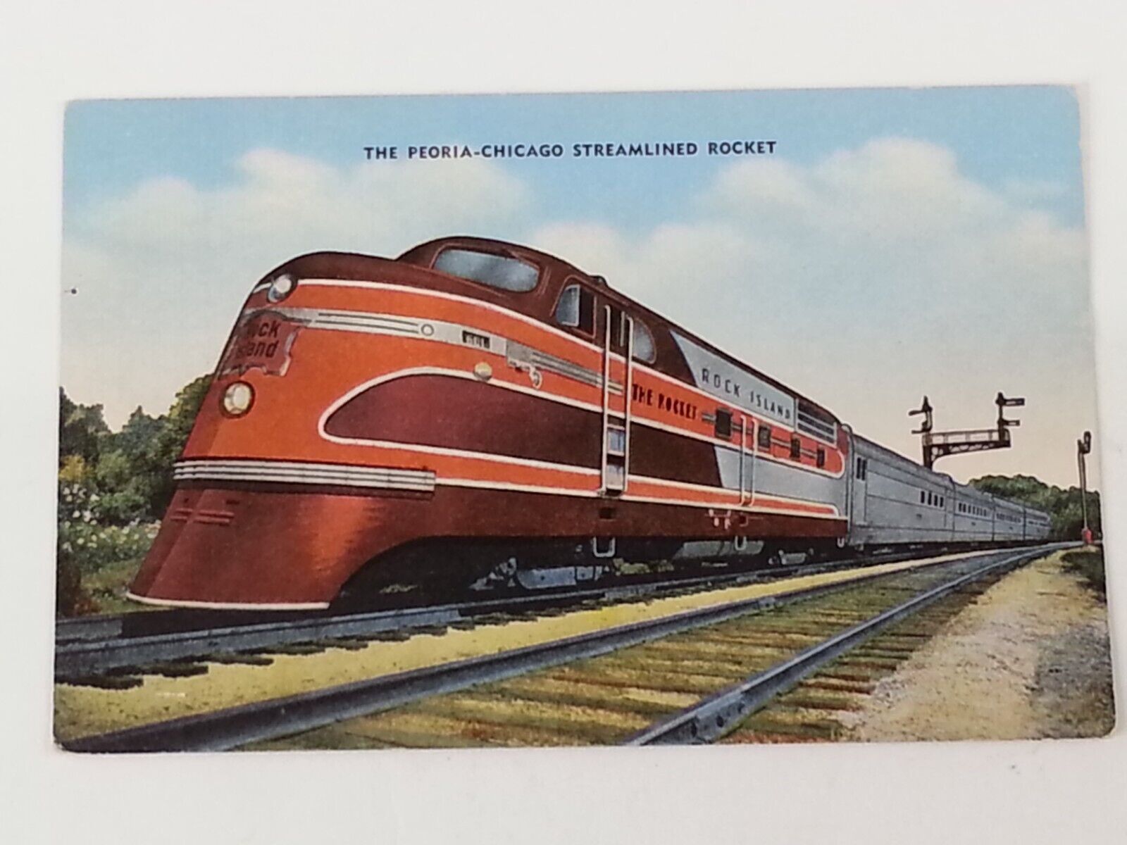 The Peoria Chicago Streamlined Rocket Train Postcard Hartman Brothers