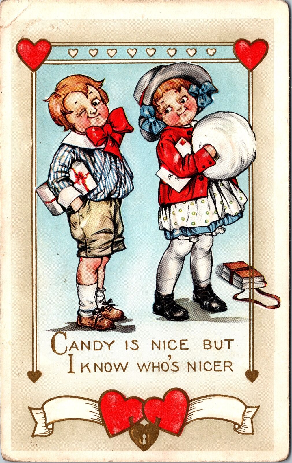 VINTAGE POSTCARD EARLY VALENTINE ROMANTIC YOUNG BOY AND GIRL LOVE HEARTS c. 1905