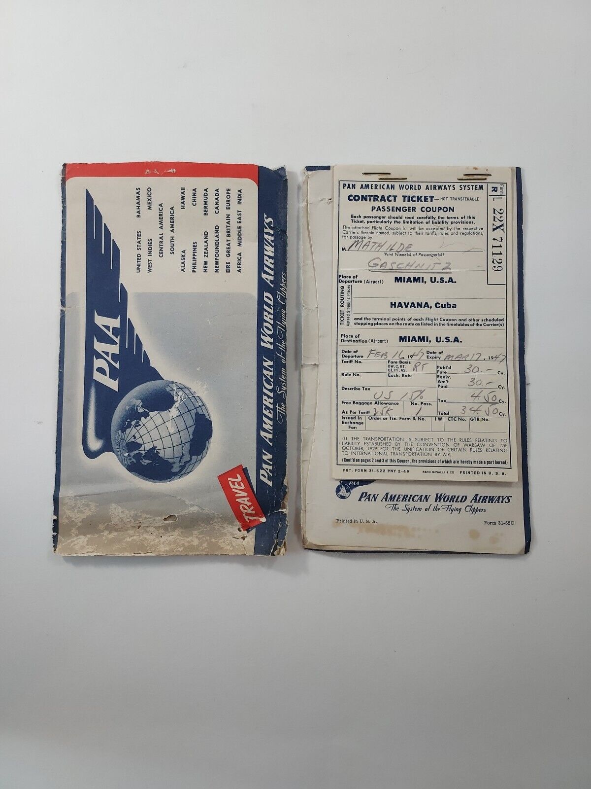 Vtg Pan Am World Airplane Contract Ticket PassengerCoupon Miami Havana CUBA 1947