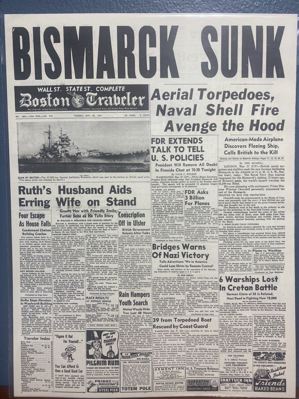 VINTAGE NEWSPAPER HEADLINE~WW2 BRITISH NAVY SINKS BISMARCK 1941 AVENGE THE HOOD