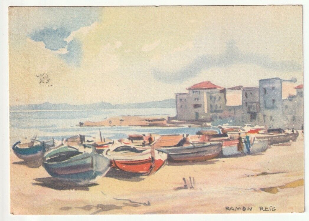 Vintage painting PC La Costa Brava, Spain. Beach artist signed Ramon Reig