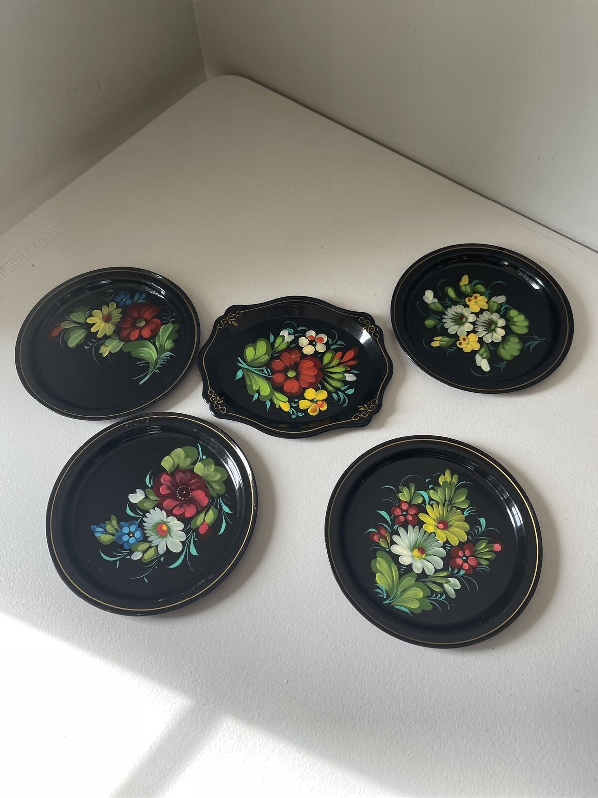 Lot Of 5 Vintage 1980s USSR Zhostovo Russian  Flower Metal Hand Painted Trays 7”
