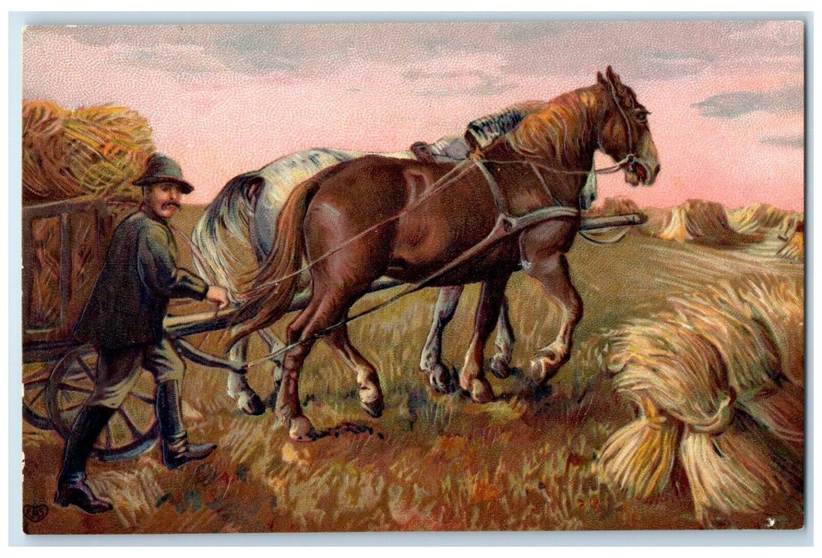 c1910\'s Horses Farmer Farming Field Haying Embossed Unposted Antique Postcard