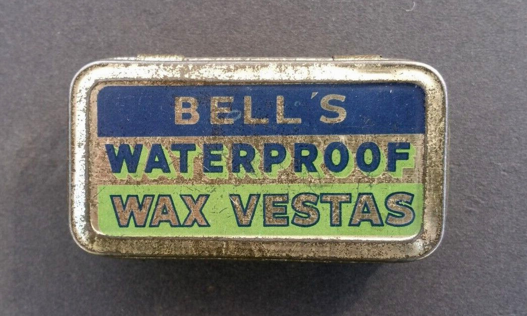 Vintage Bell\'s Waterproof Wax Vestas Metal Tin With Matches Nine Good Plus Cd.