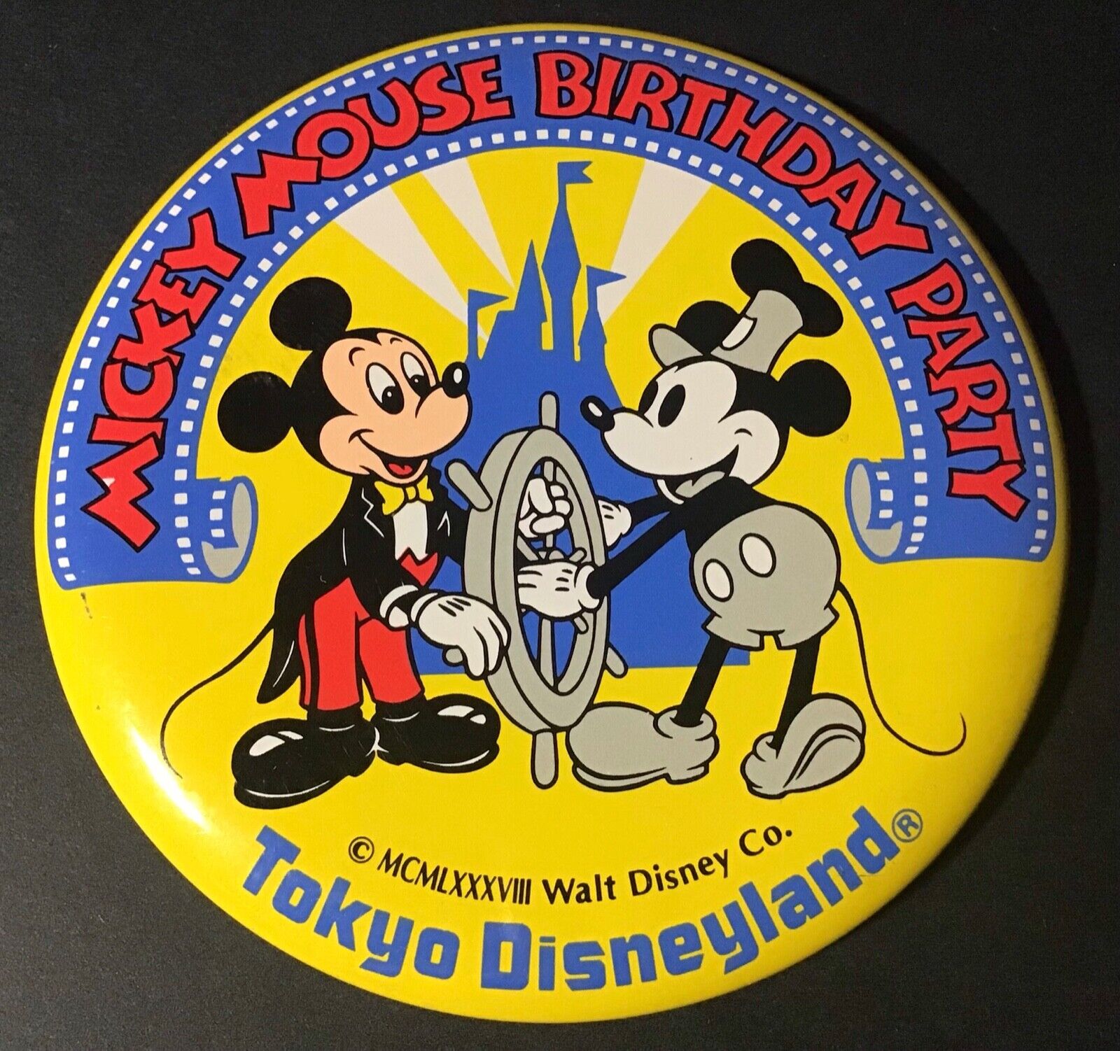 1988 Tokyo Disneyland Mickey Mouse Birthday Party Steamboat Willie 3.5” Pinback