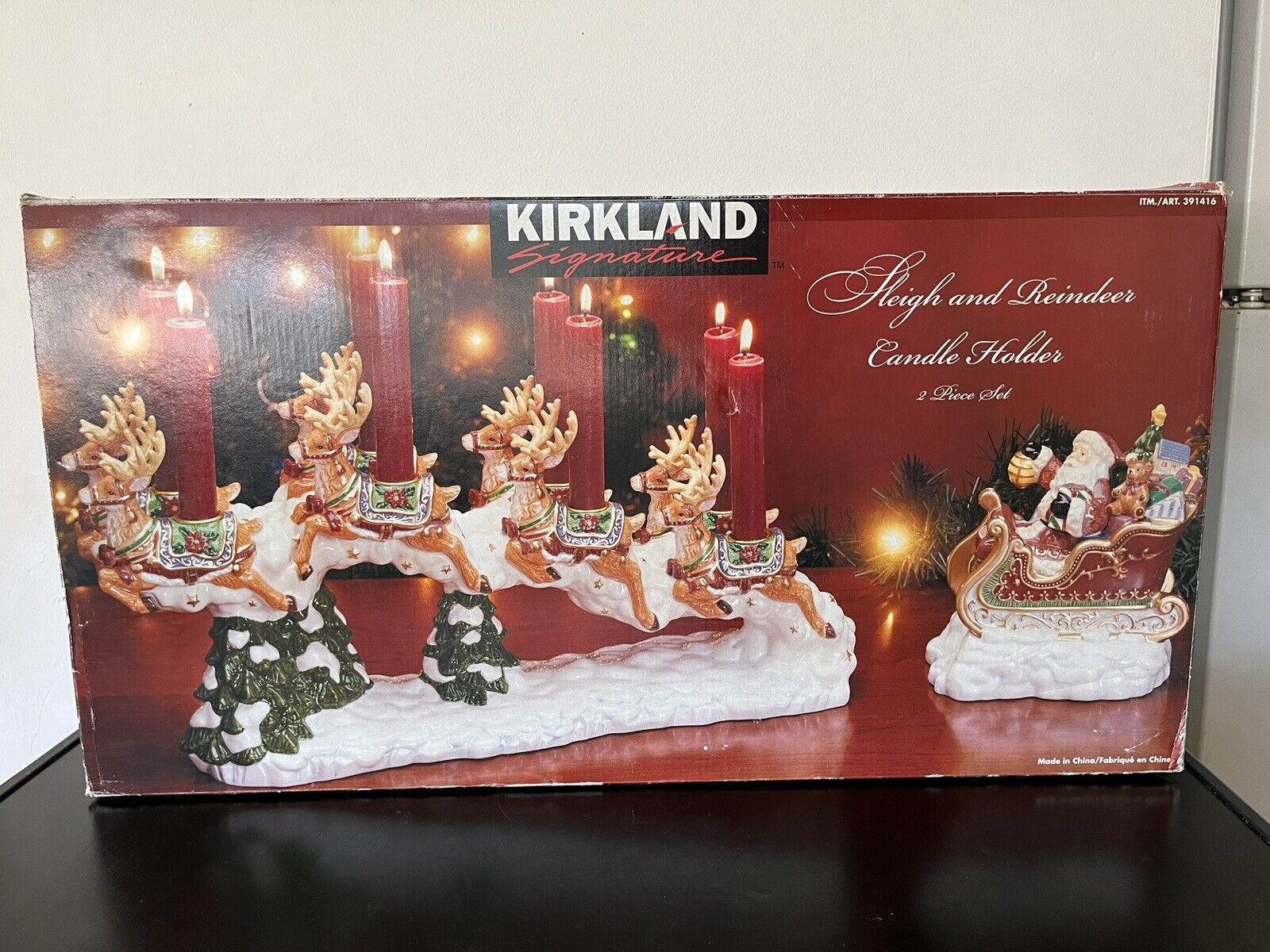 NEW Kirkland Signature Santa and Sleigh with Reindeer Candle Holders 
