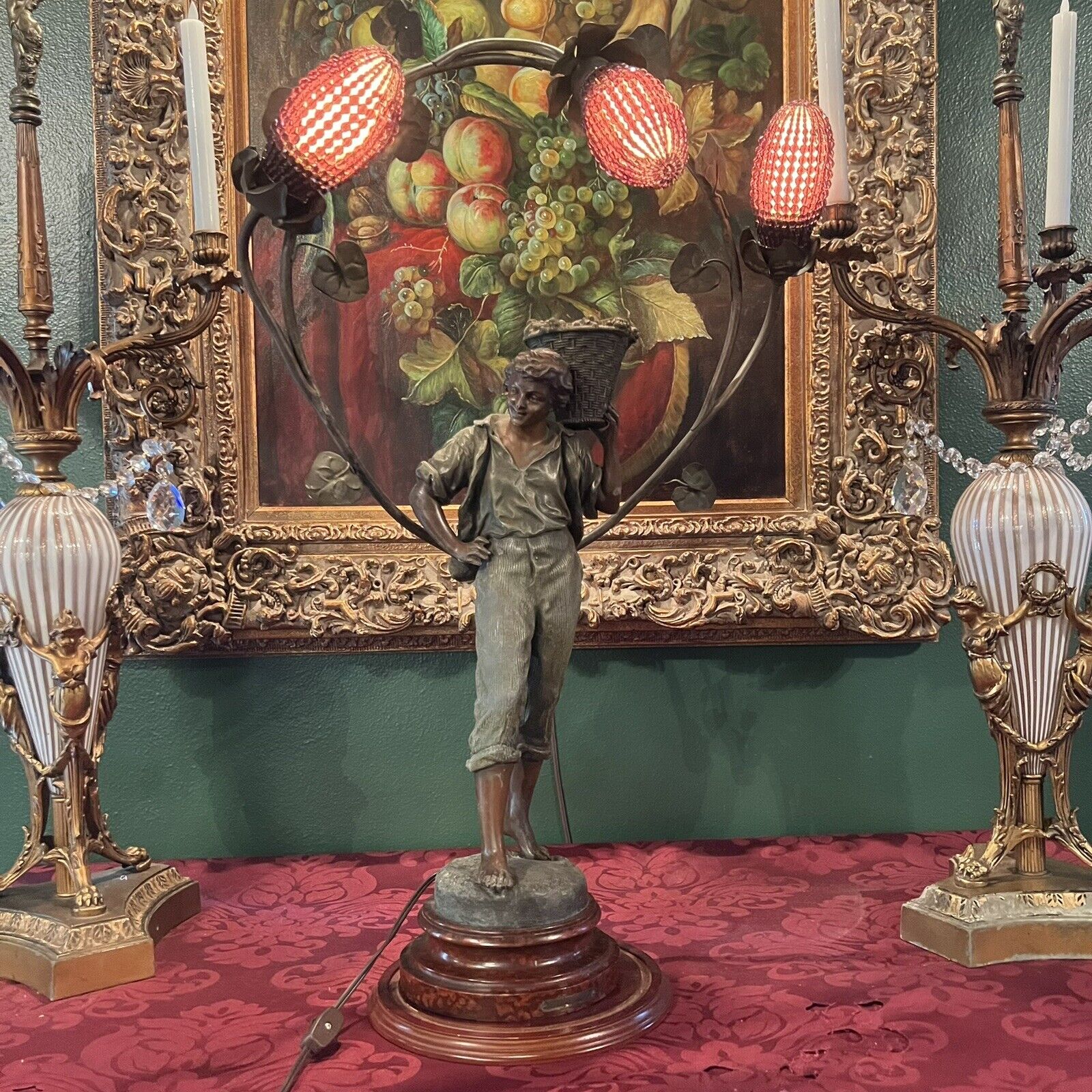 GENUINE antique French spelter figural lamp , ‘Retour Des Vignes”