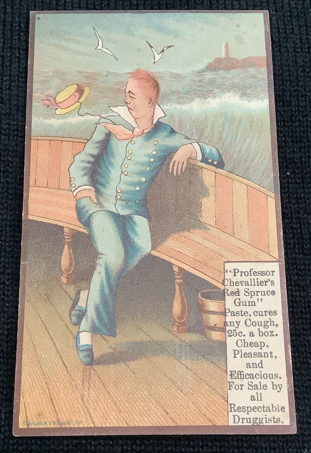 1880s Professor Chevallier\'s Red Spruce Gum Paste Victorian Trade Card Man Boat