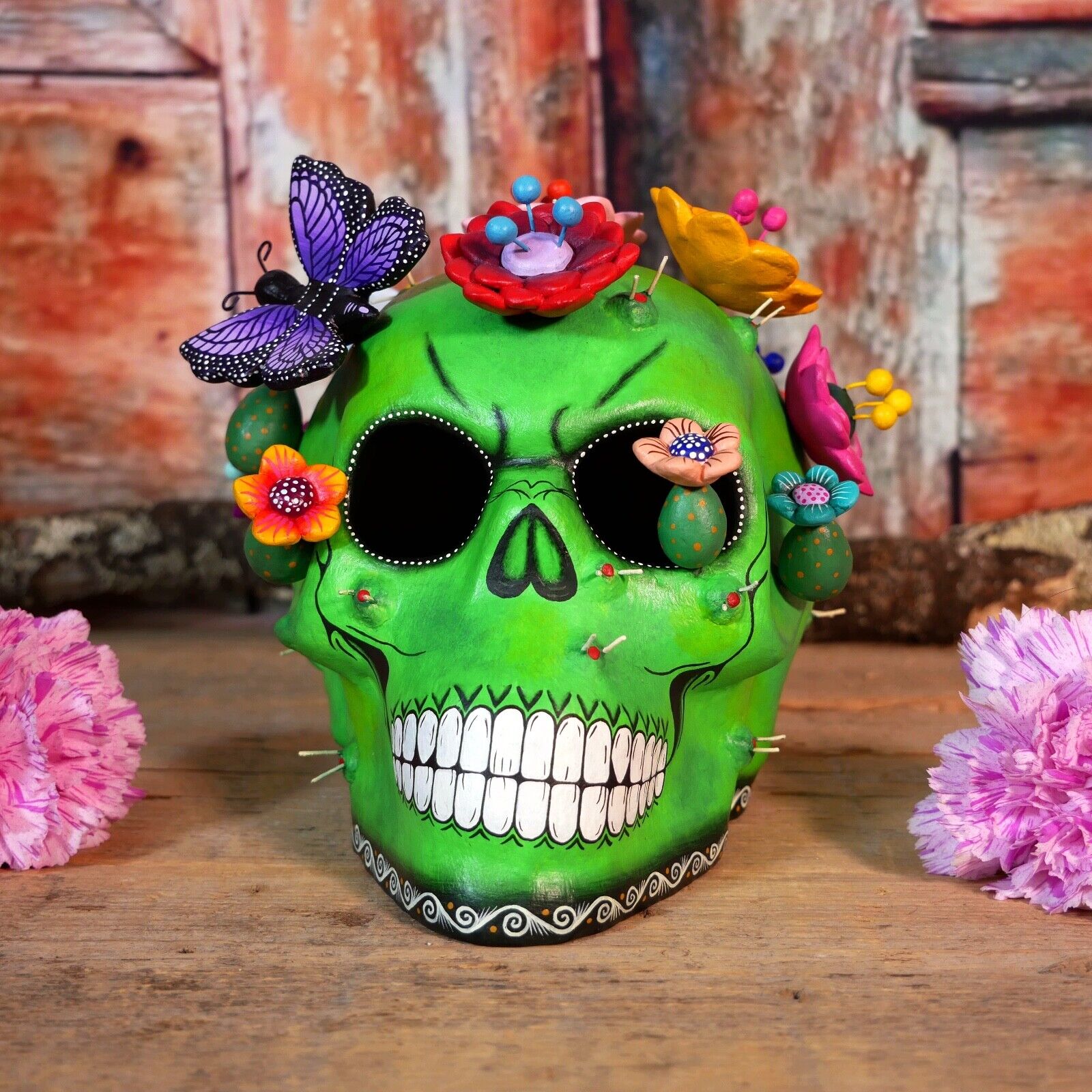 Cactus Sugar Skull Clay Day of the Dead Handmade with Butterfly flowers Mexican