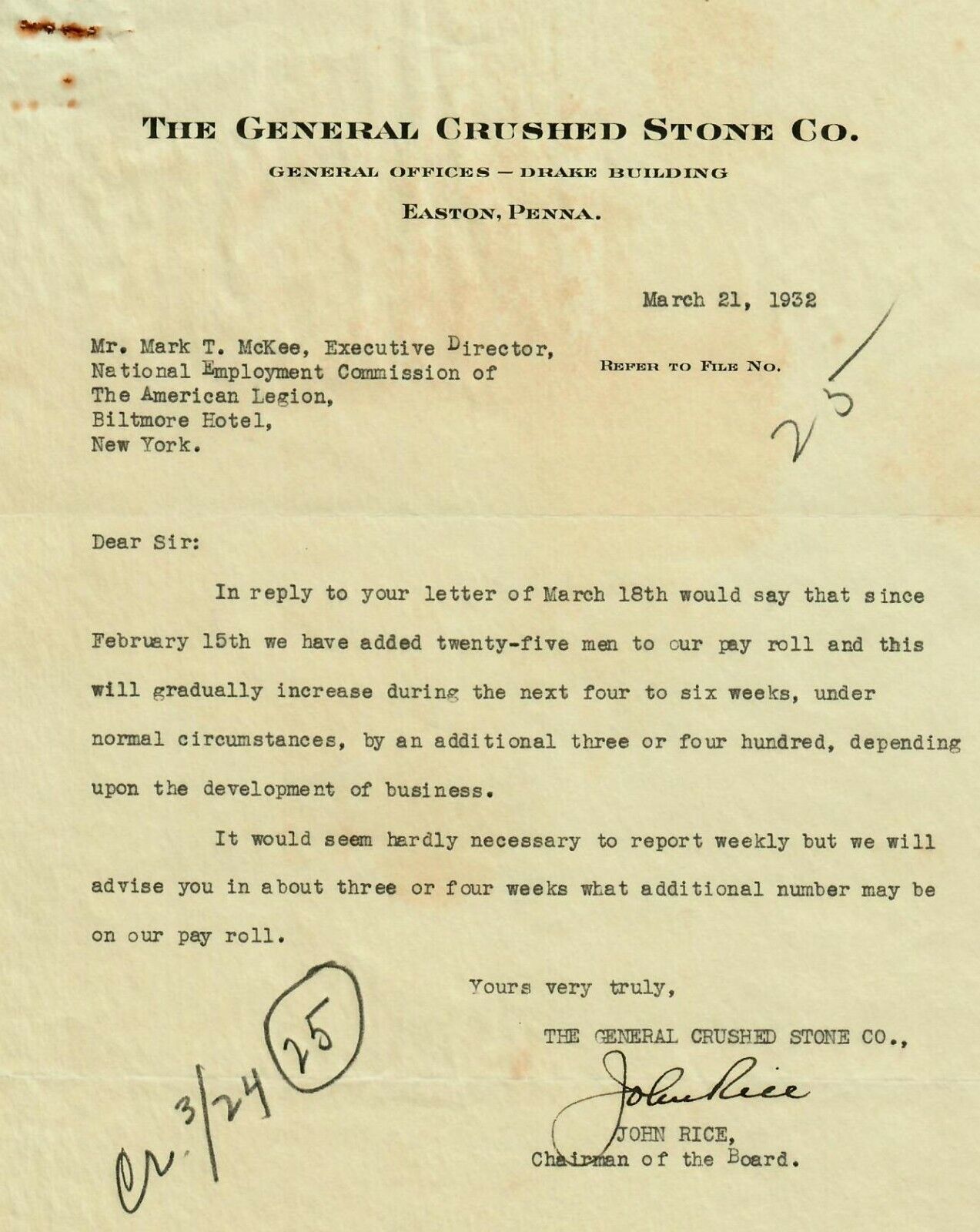 RARE General Crushed Stone Chairman John Rice Signed Letter 1932 COA
