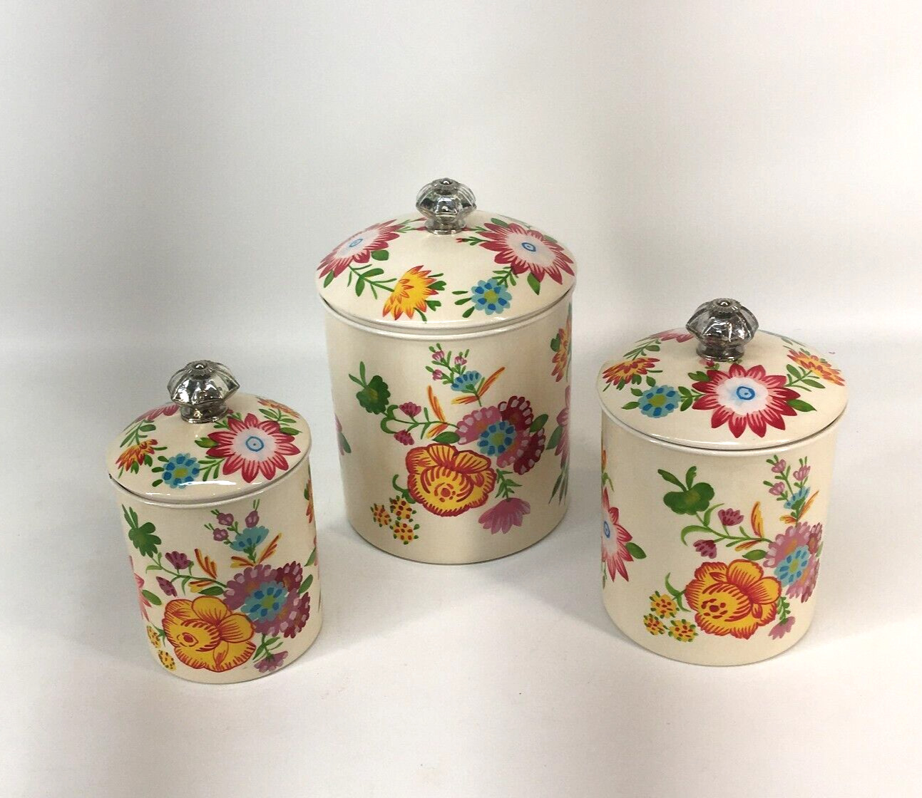 Pier 1 Import Canister Set Metal Heavy Duty Floral with Silver Knobs Beautiful