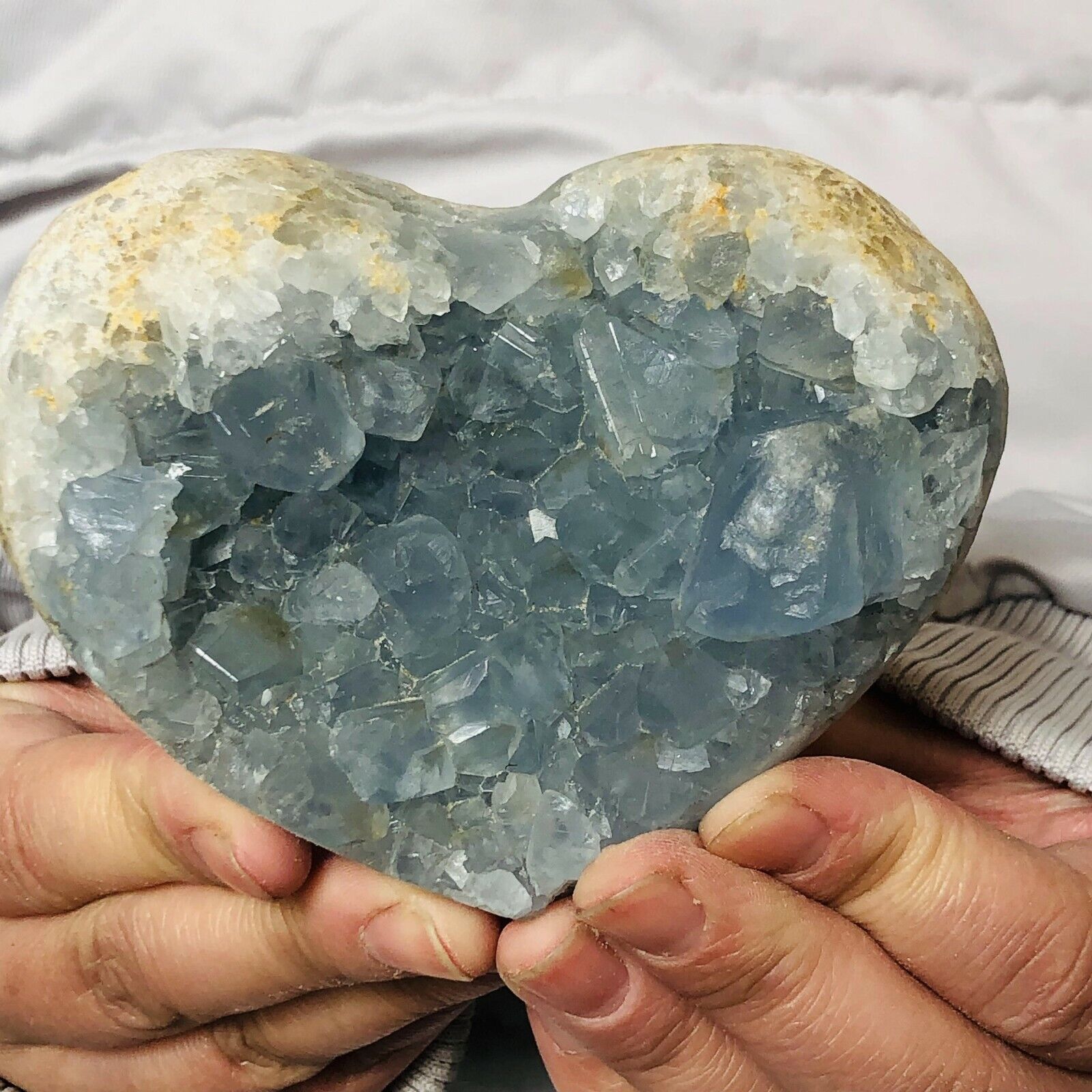 794g Natural Blue Celestite Quartz Crystal Heart Shape Geodes Rough Specimen