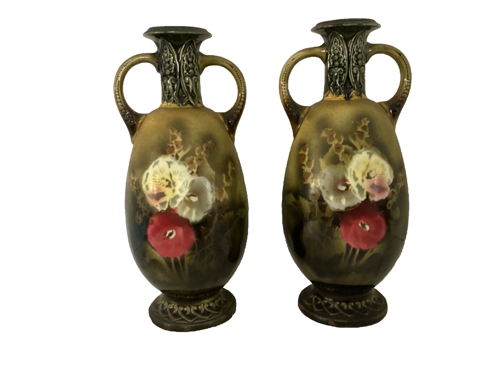 Vintage Pair of Urn Style Vases Handpainted DoubleHandlMark Number Slovakia 60’s