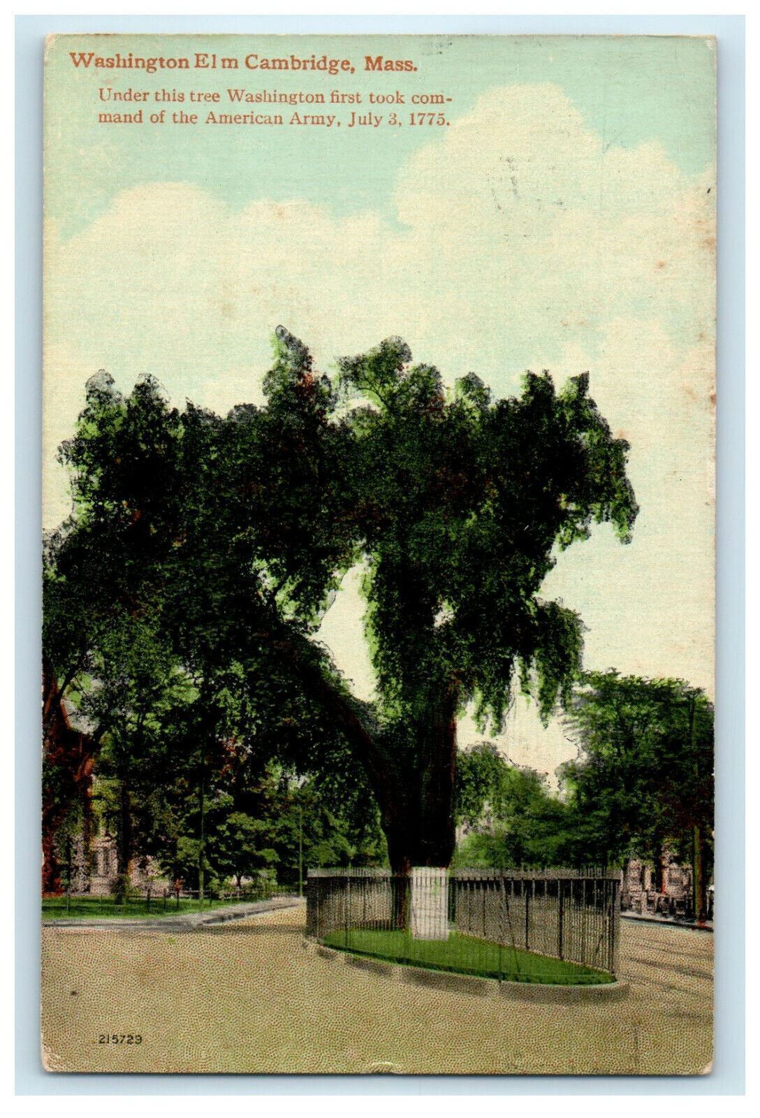1912 Washington Commands Army Here in 1775, Elm, Cambridge MA Cancel Postcard