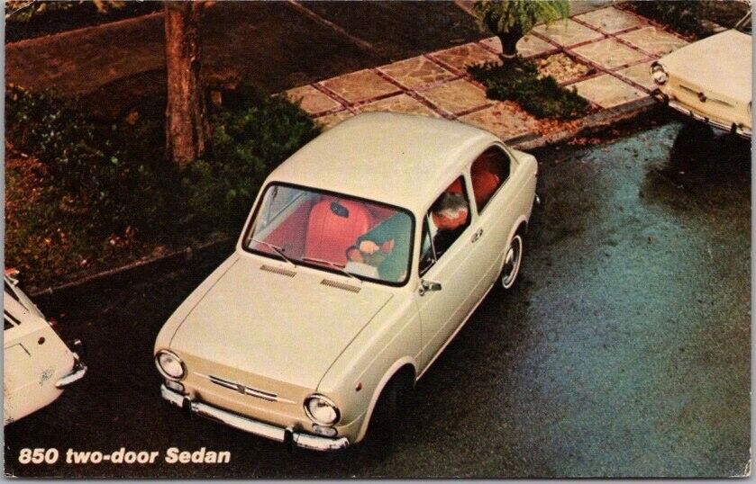 FIAT 850 TWO-DOOR SEDAN Automobile Advertising Postcard Beige Car c1970s Unused