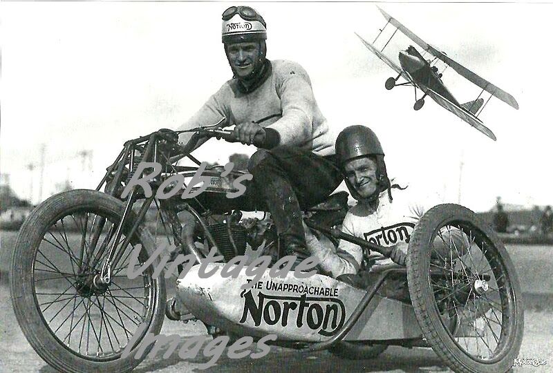 Vintage Norton Motorcycle with Sidecar Racing  Photo 1920s Airplane flying over