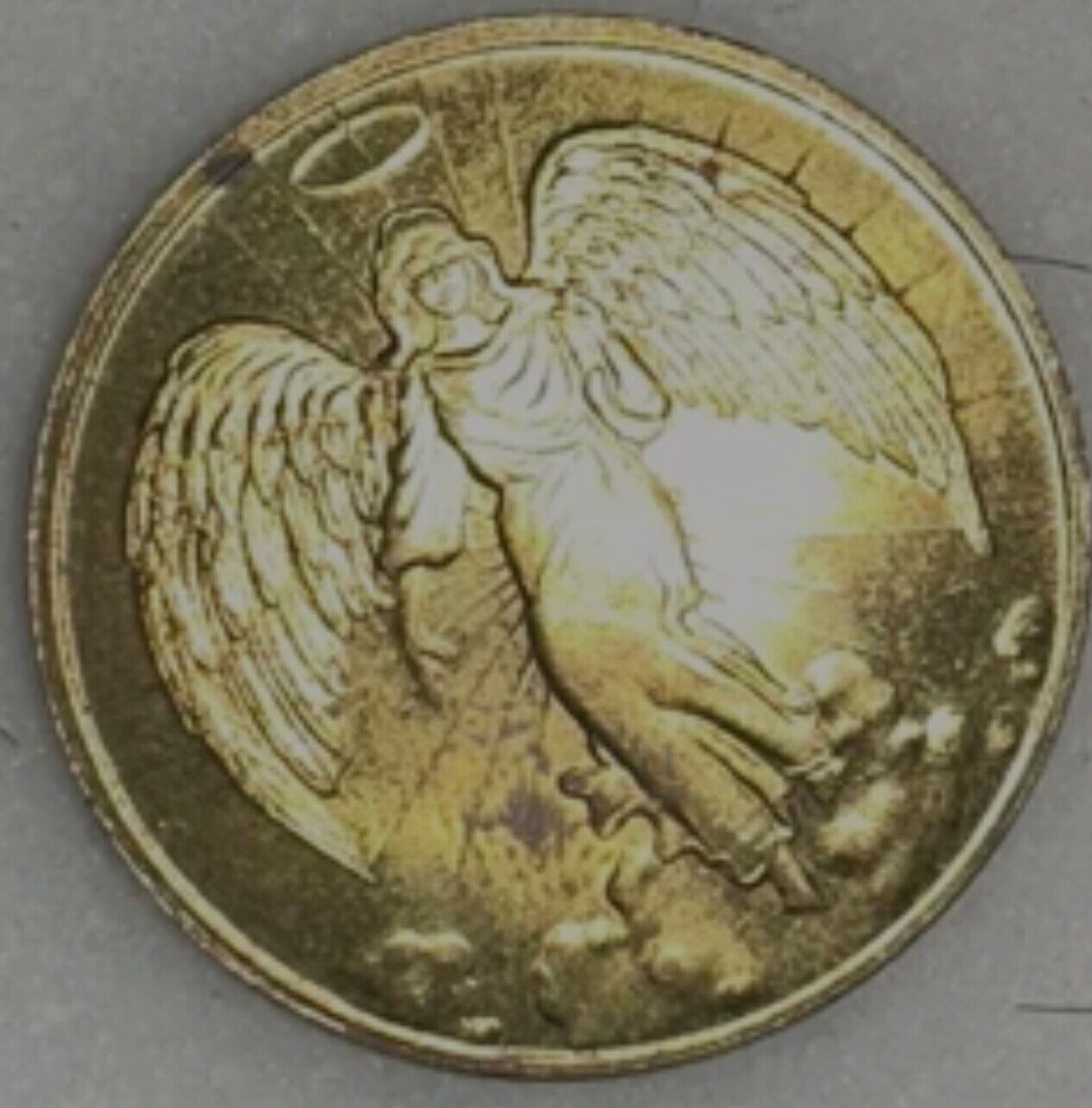 Vintage Gold Tone Guardian Angel Medal  Double Sided Coin Religious Preowned