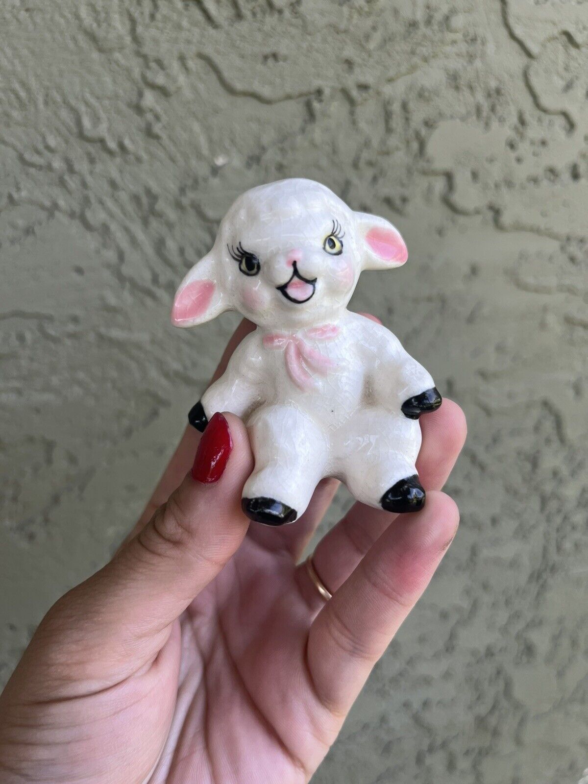 Vintage 70s Cute Lamb With Pink Bow Shaker Made In Japan