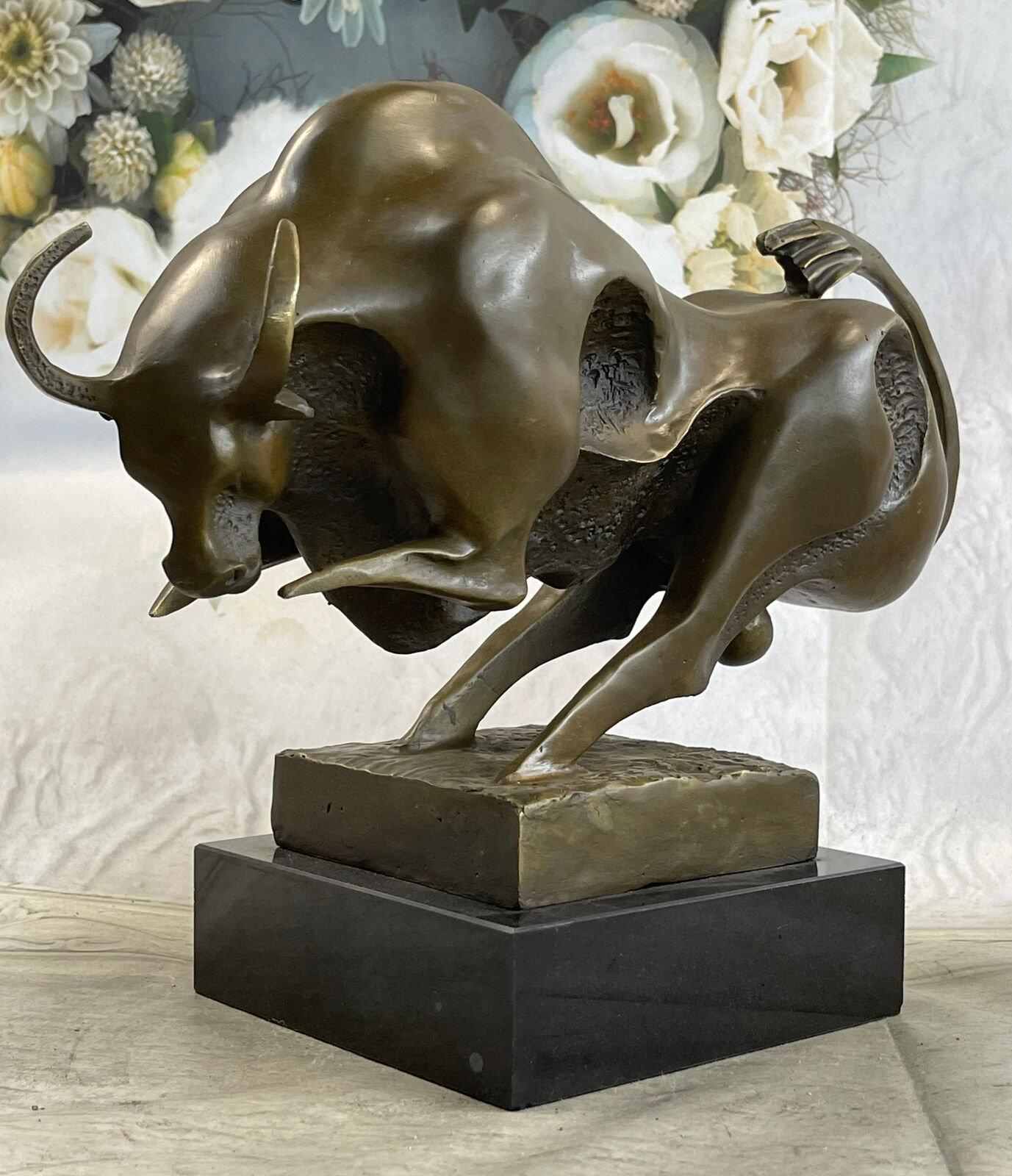 MODERN ABSTRACT CHARGING BULL SCULPTURE BY MILO FIGURE HOT CAST MARBLE FIGURINE