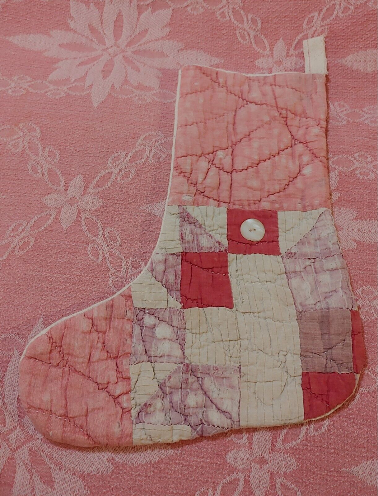 Prim Antique Quilt & Seed Sack Handmade Folk Art Red Pink Christmas Stocking 