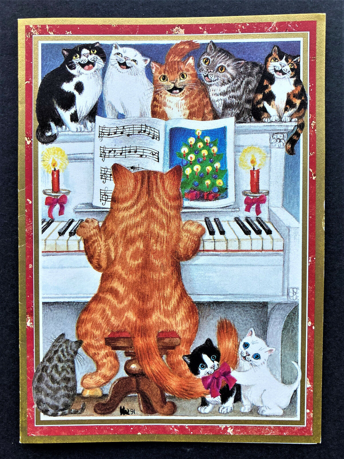 *ONE* Caspari Christmas Holiday Cat Card Piano Tuxedo Orange Gisela Buomberger 1
