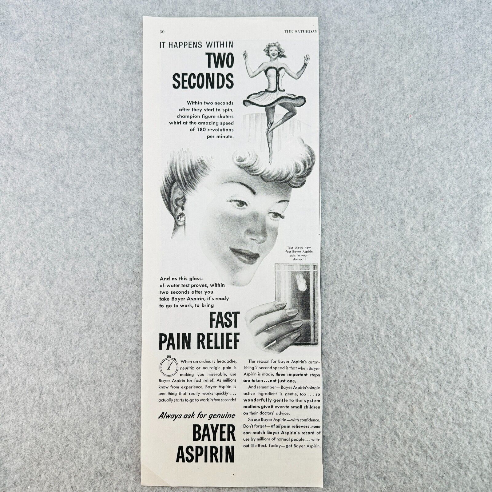 1947 Bayer Aspirin Fast Pain Relief Vintage Print Ad
