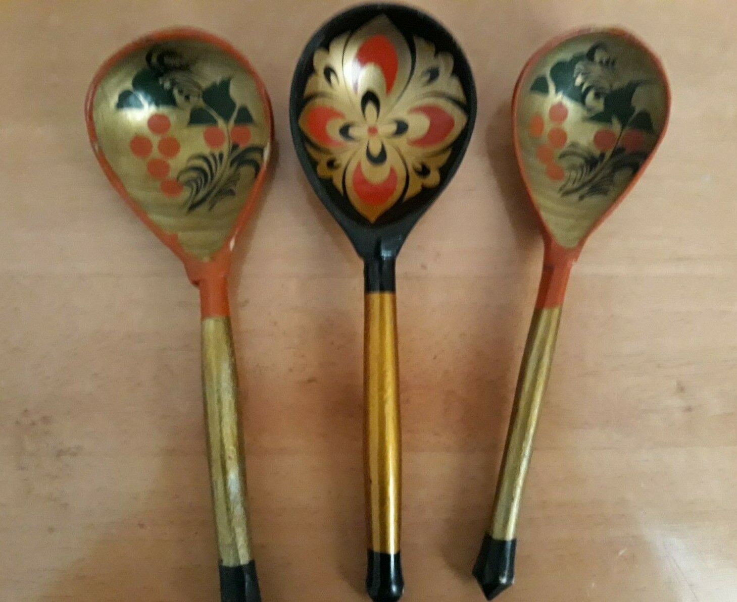 Vintage Russian Khokhloma Wood Spoons Lot Of 3 Hand Painted Soviet USSR