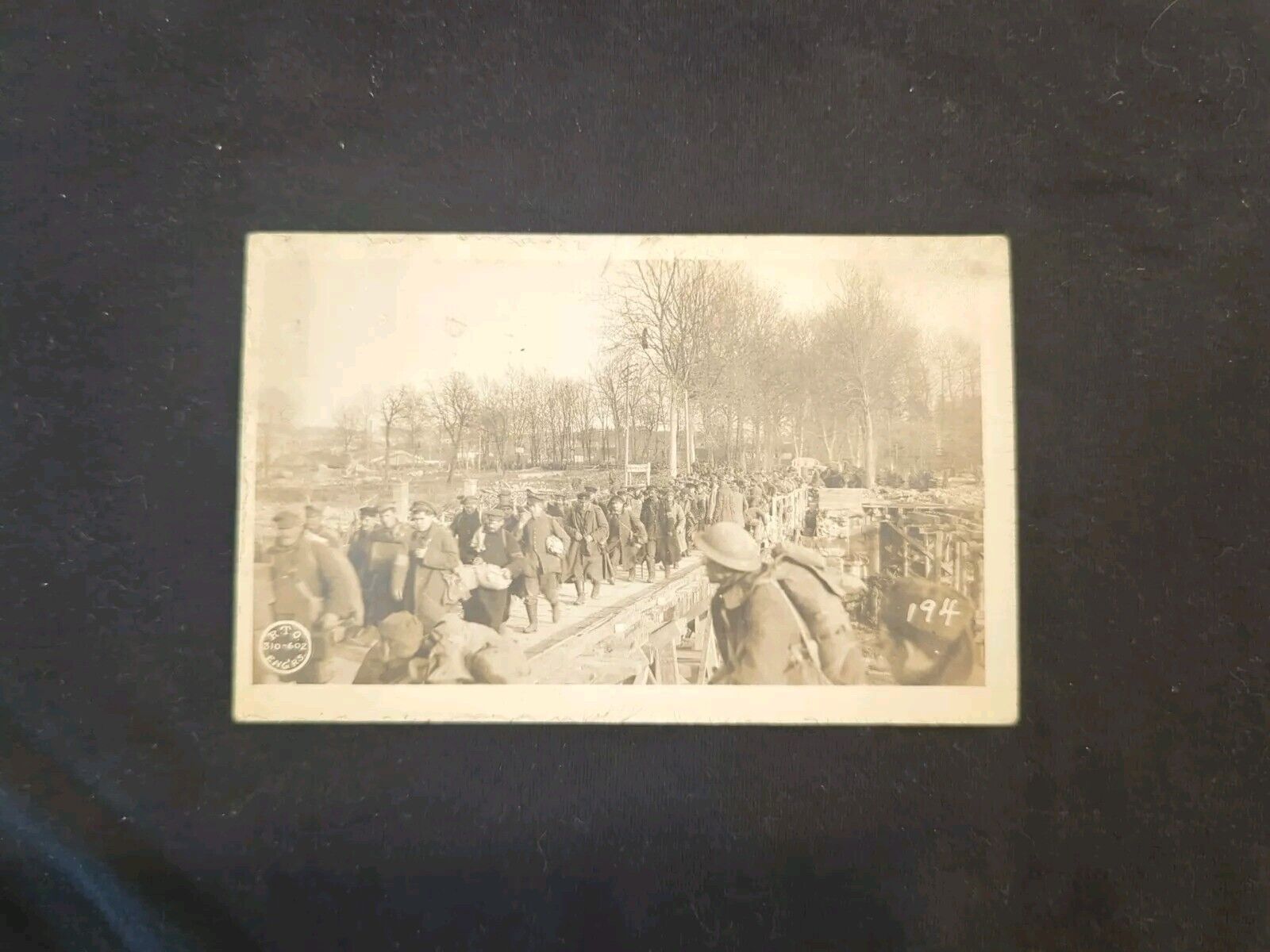Vintage Real Photo Postcard Military Soldiers Crossing Bridge Posted Detroit MI 