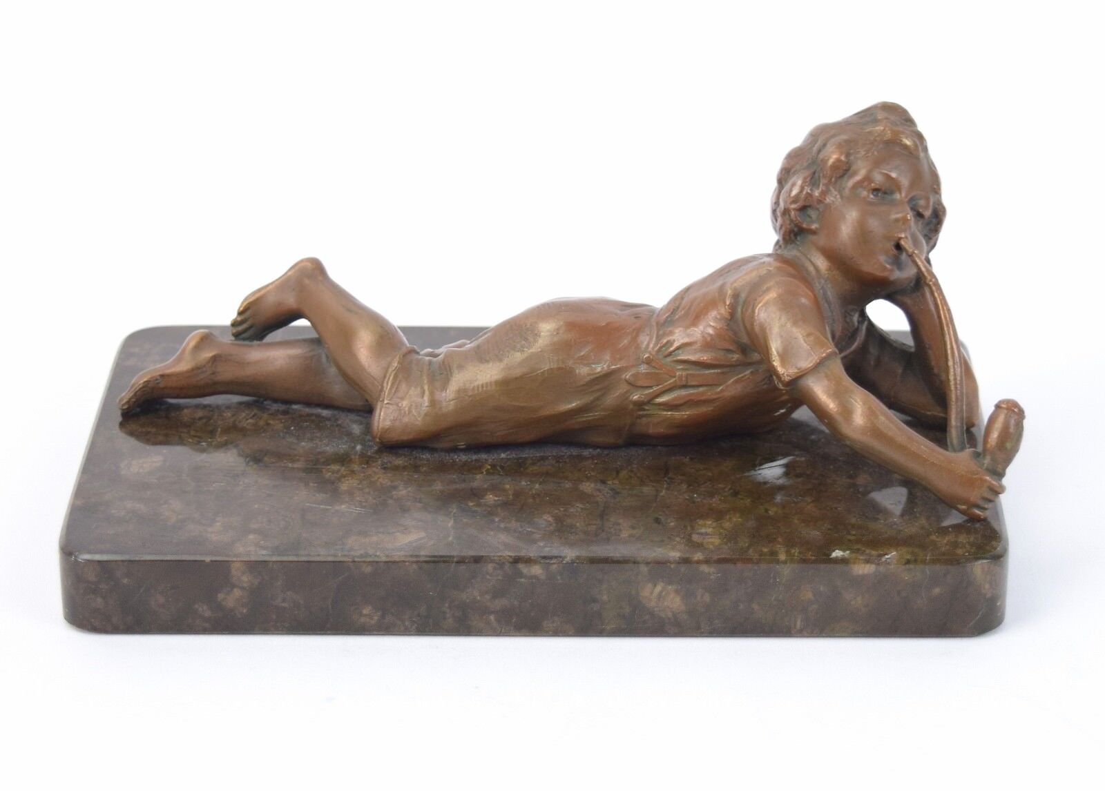 Antique Bronze Sculpture Naughty Boy Laying & Smoking Tyrolean Pipe Paperweight