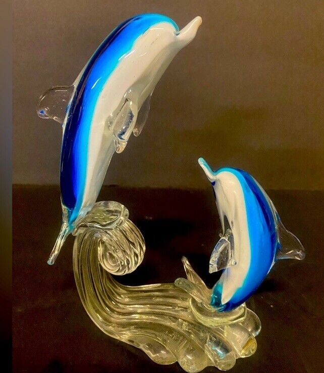 Art Glass Blue White Glass Dolphin’s  