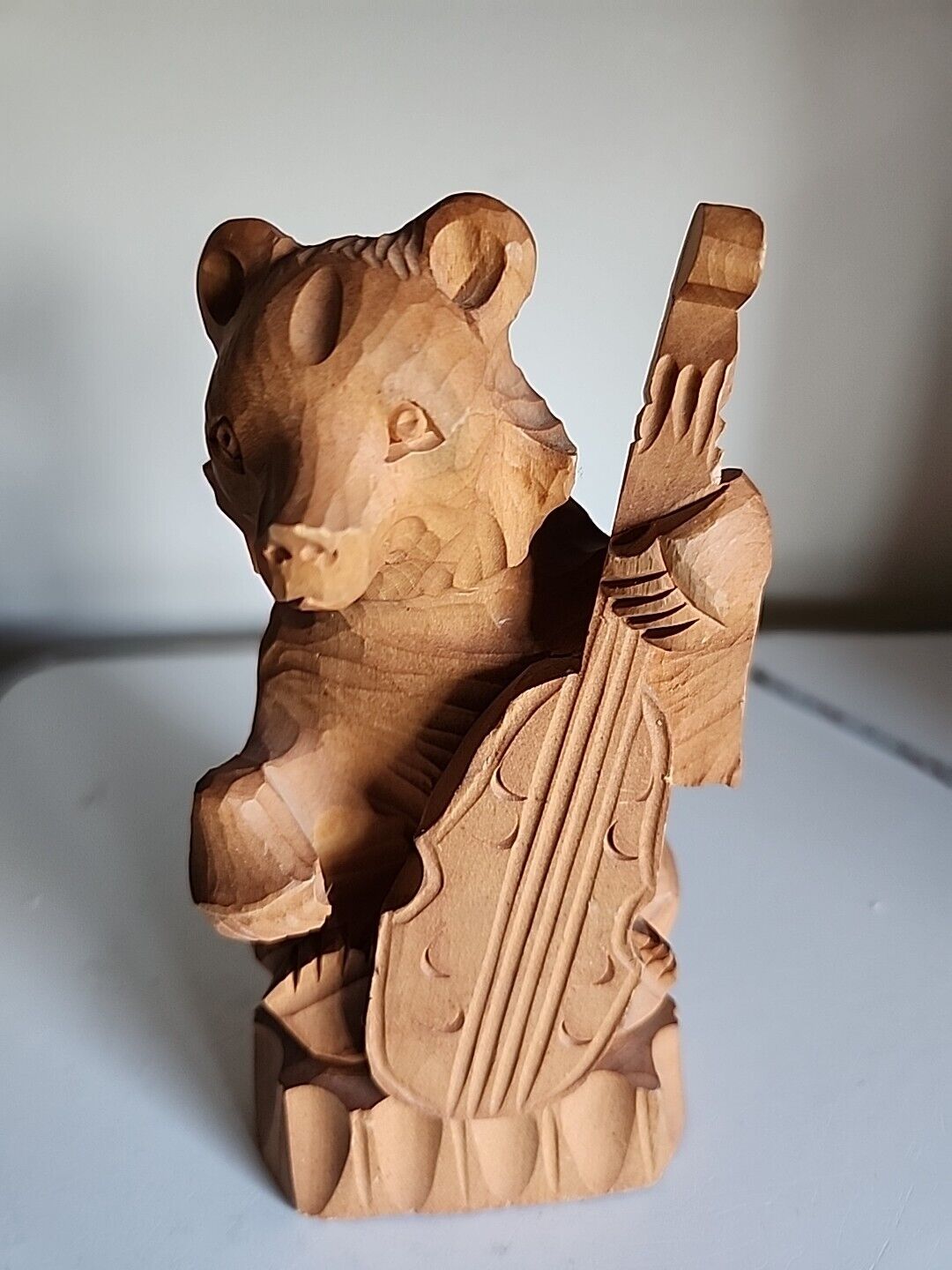 Vintage USSR Russian Folk Art Carved Wood Bear Playing  Cello Cabin Decor 6.25