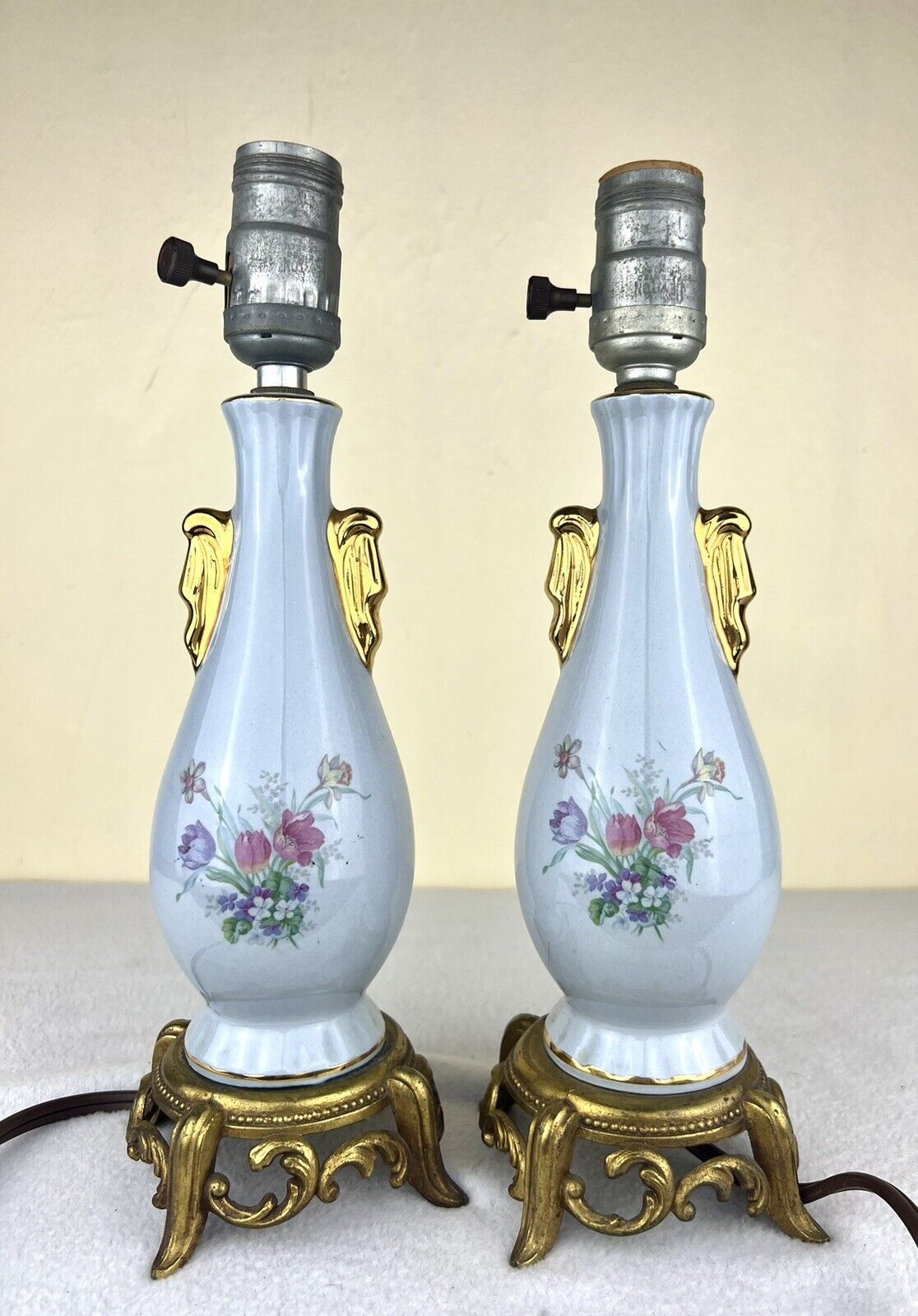 Vintage Pair Of 2 Porcelain Lamps Blue Gray Floral Gold Tone Art Deco 12.5” Flaw