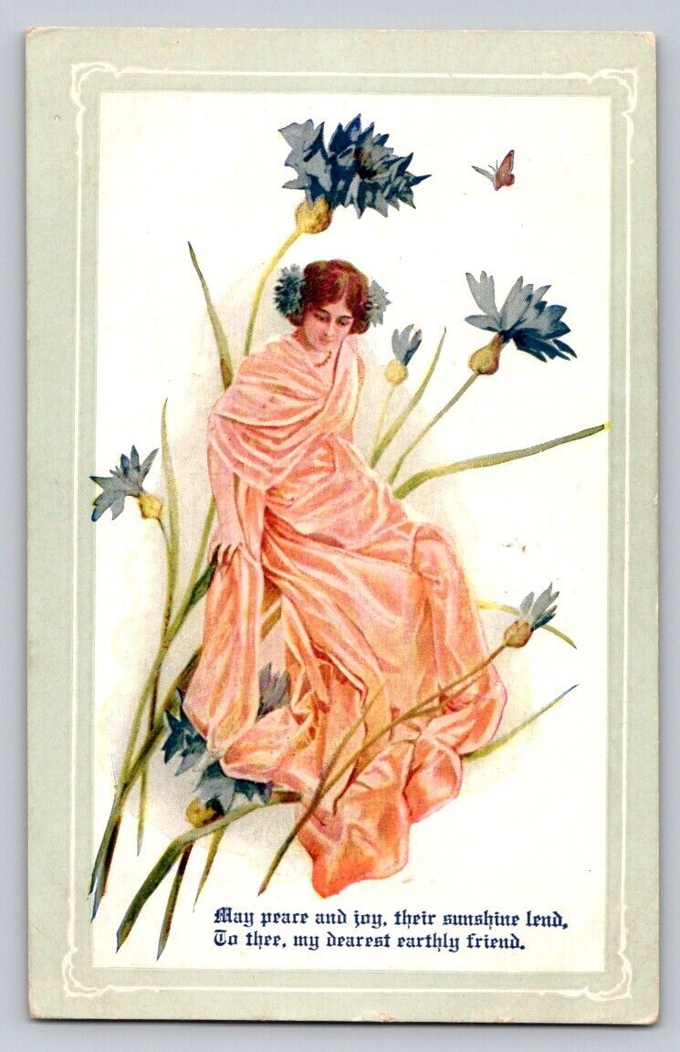 c1910 Woman Butterfly Gown Flowers Fantasy P685