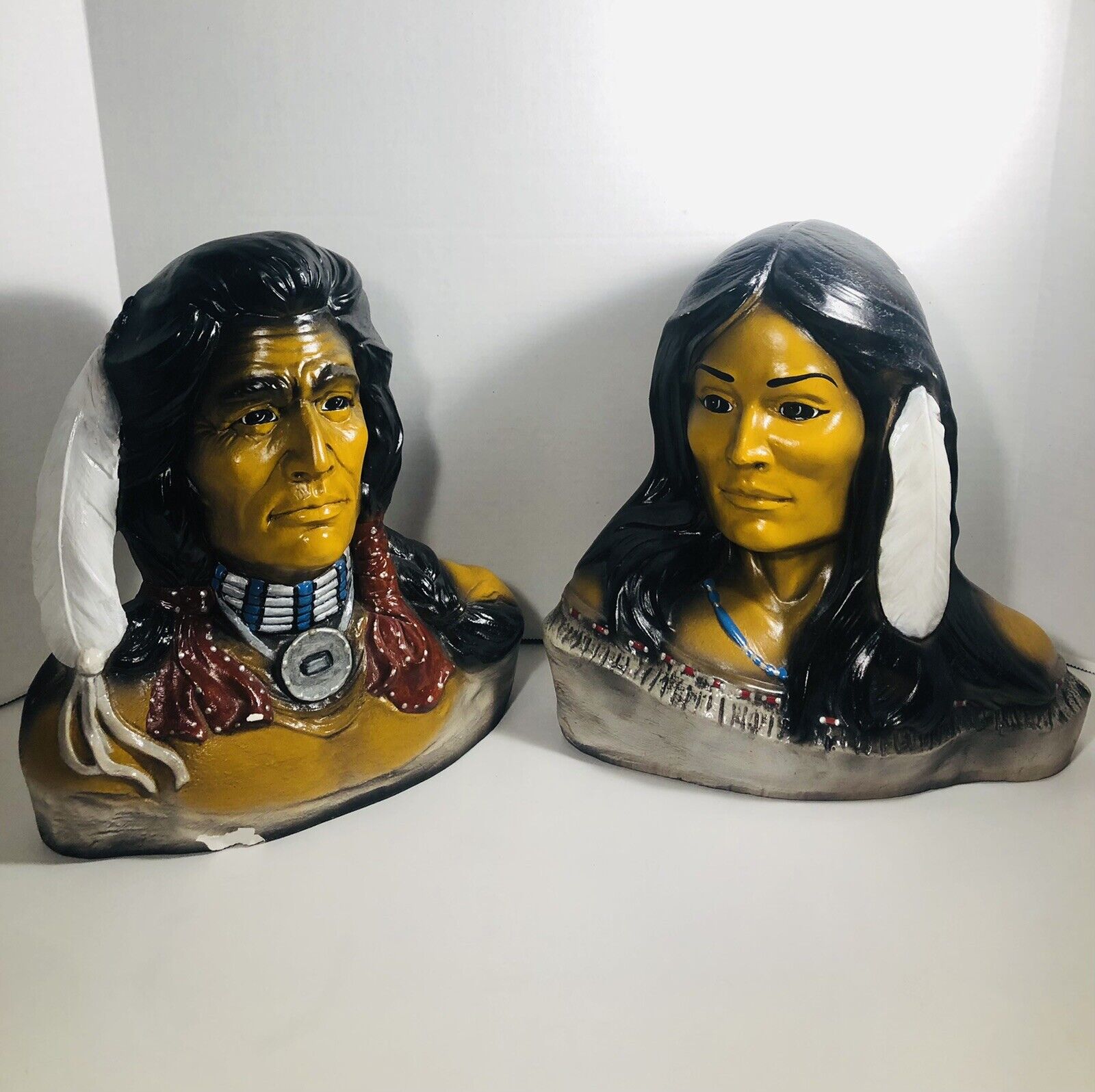 Beautiful Pair of Indigenous People Man & Woman bust statues - HARD TO FIND