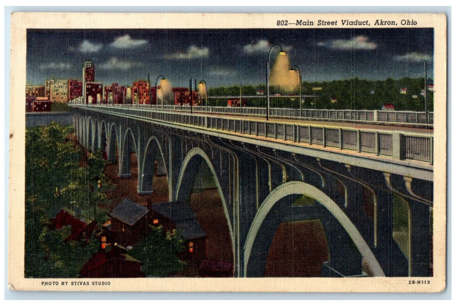 c1940\'s Main Street Viaduct Akron Ohio OH Night Scene Vintage Postcard