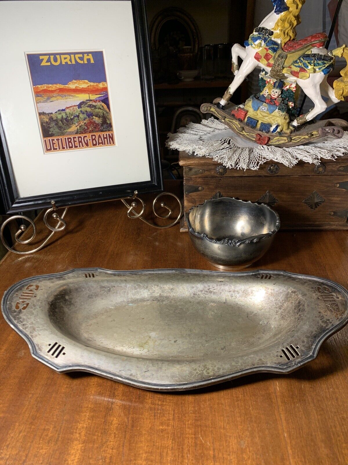 Antique Arts & Crafts Funky Silver Plate Oblong Display Dish~Steam Punk~15”