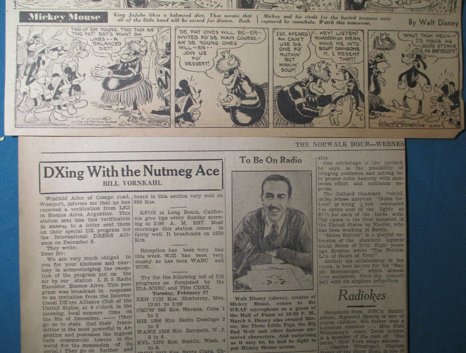 1934 & 1937 Newspaper Clippings WALT DISNEY (Radio) & MICKEY MOUSE Comic Strip