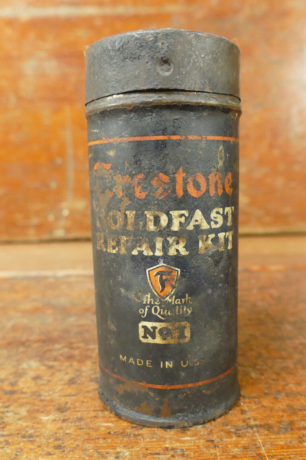 Vintage Early 1930s Firestone Holdfast Tire Repair Kit Tin Gas Oil Can - Empty