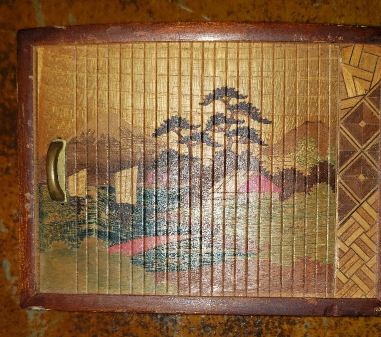 Rare Vintage Japanese Mechanical Cigarette Dispenser Box Wood Marquetry Clever